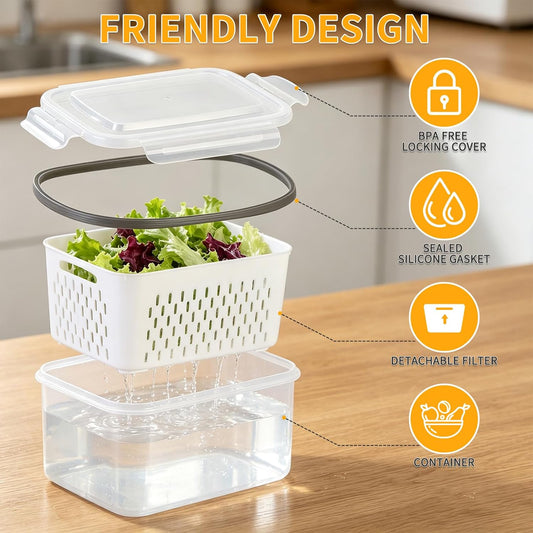 Salad Storage Container for Refrigerator, Salad Crisper Container for Fridge, 3 Pack No-Leak Food Storage Containers, Removable, Sealed Silicone Gasket, Simple to Use, Great for Salads
