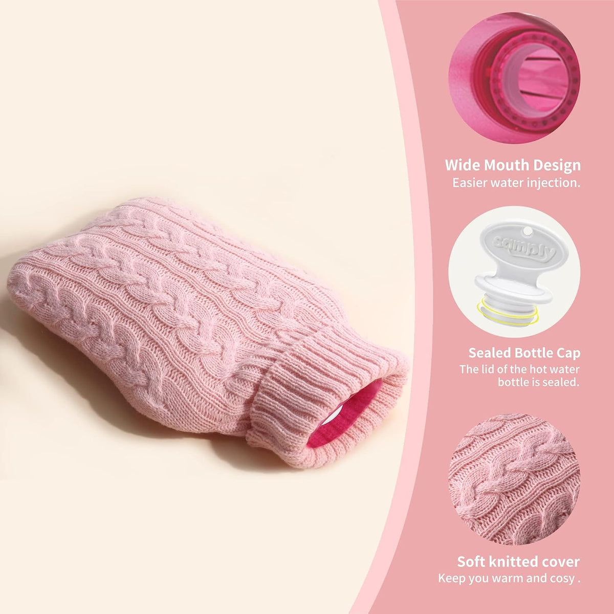 samply 2L Hot Water Bottle with Knitted Cover, Hot Water Bag, Purple