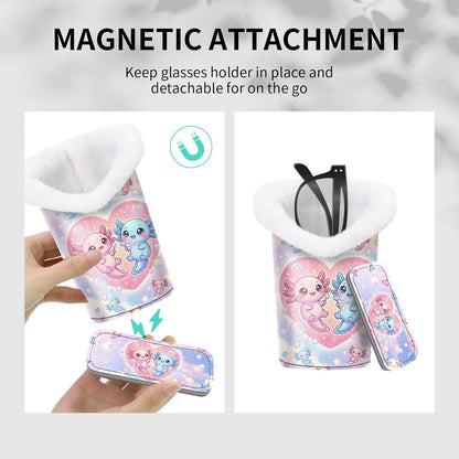 Plush Lined Eyeglasses Holder, Cute Magnetic PU Leather Glasses Stand Case for Women Men Kids