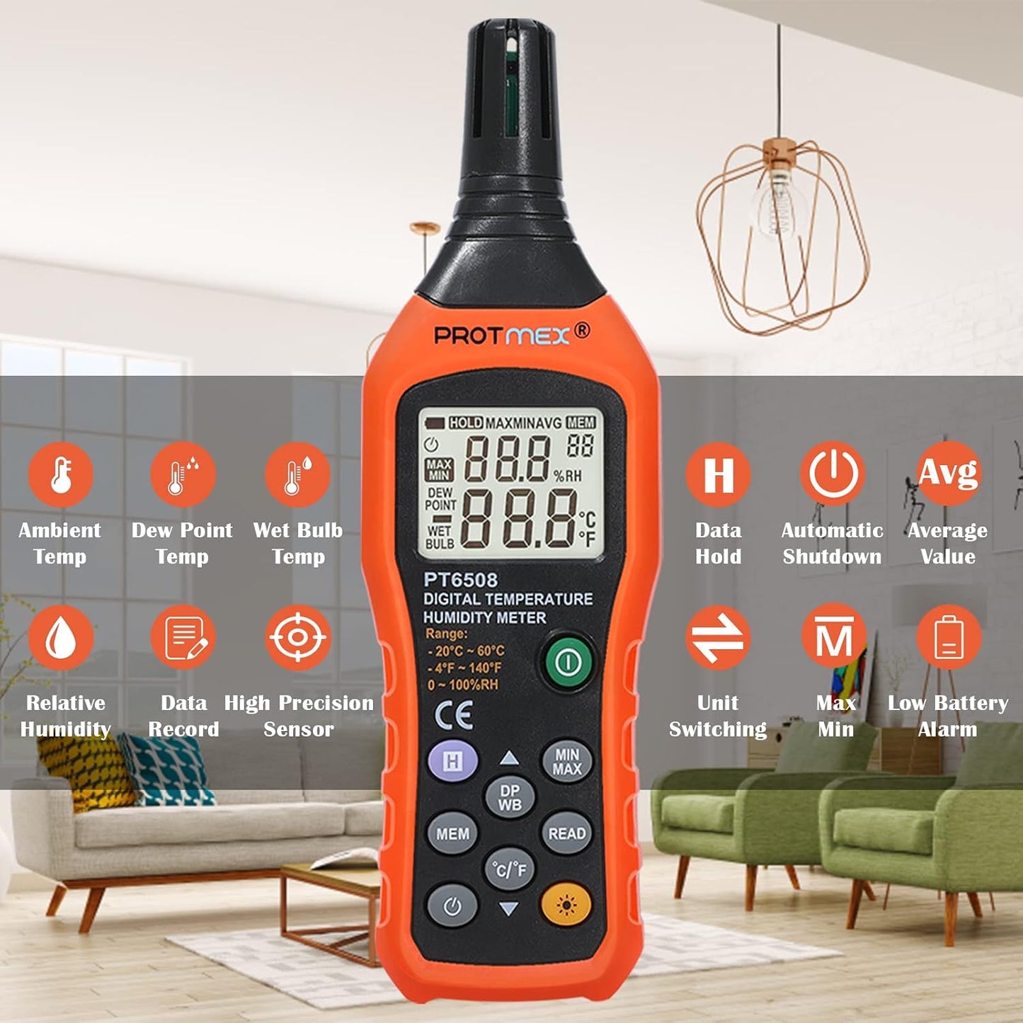 Digital Temperature Humidity Meter, Thermometer Hygrometer with Ambient Dew Point and Wet Bulb Temperature Indoor and Outdoor, Data Logger with Min/Max Hold, LCD Backlight, PT6508