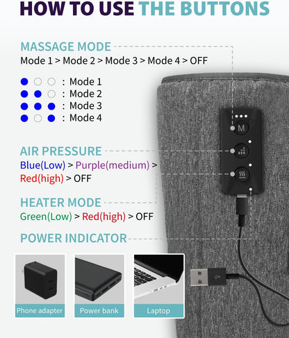 Wireless Leg Massager - Air Compression Cordless Calf Massager with Heat for Circulation, Pain Relief, and Recovery, 4 Modes & 3 Intensities, Portable and Adjustable (Gray, Set of 2)