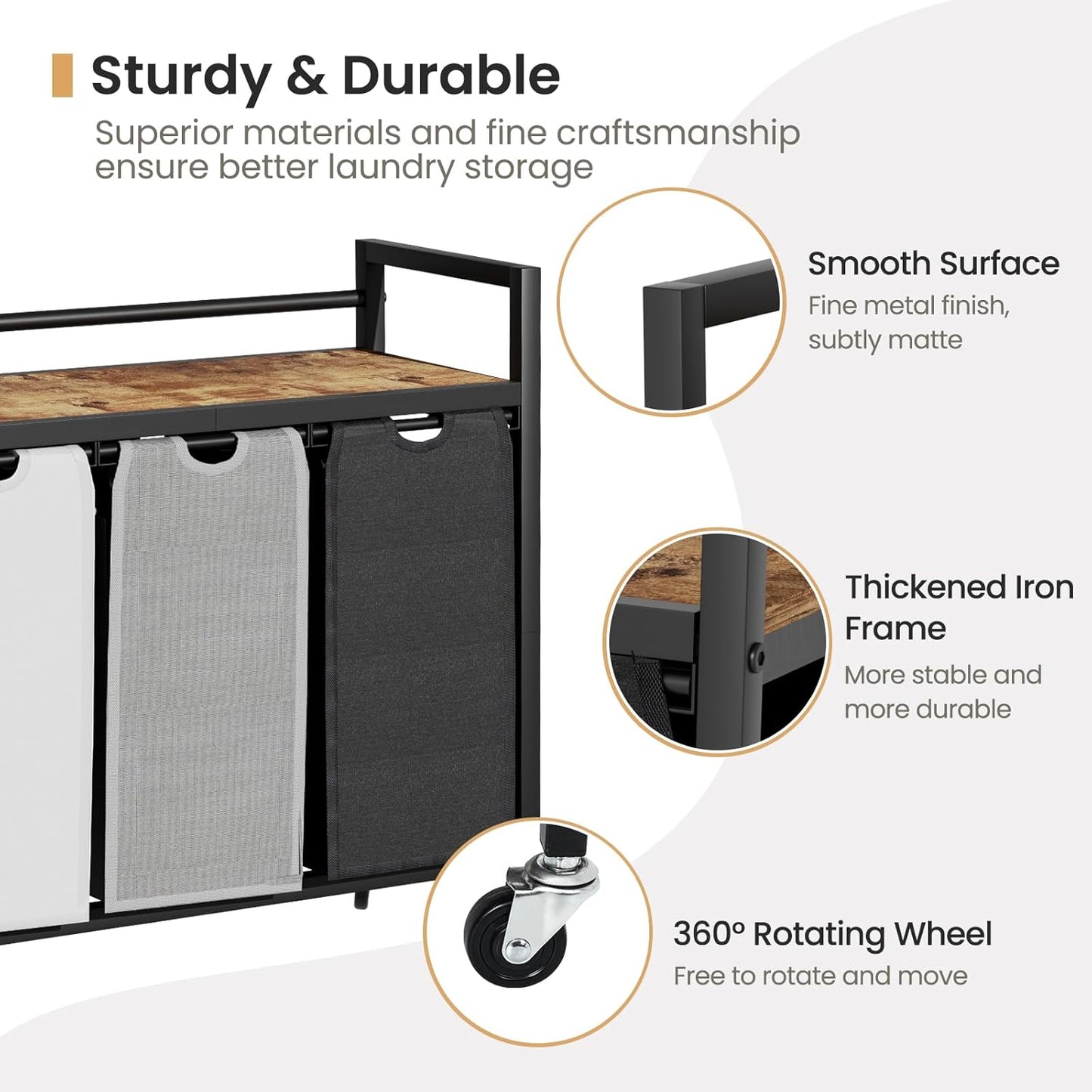 SwaaVee Laundry Sorter, Laundry Hamper 3 Section, 3×11.4Gal, Metal Frame Rolling Laundry Basket with Wooden Top Shelf, Pull out and Removable Laundry Bags, 3 Bags-Black