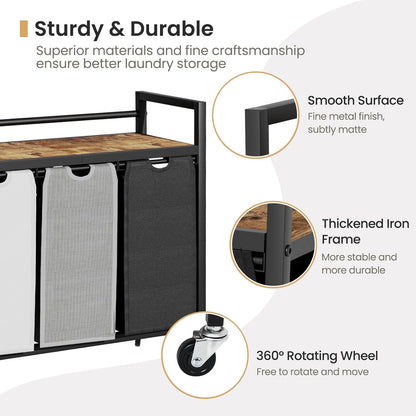 SwaaVee Laundry Sorter, Laundry Hamper 3 Section, 3×11.4Gal, Metal Frame Rolling Laundry Basket with Wooden Top Shelf, Pull out and Removable Laundry Bags, 3 Bags-Black