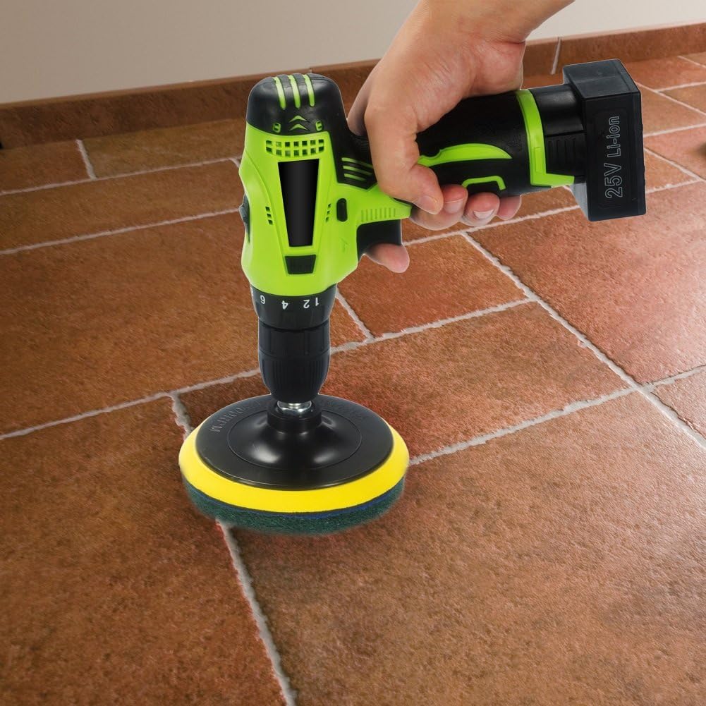 5 Inch Drill Powered Brush Tile Scrubber Scouring Pads | 2 Different Stiffness, 5" Pad Holder with 6 Scrubbing Pads, Cleans Large Flat Areas Perfectly (Drill NOT Included)