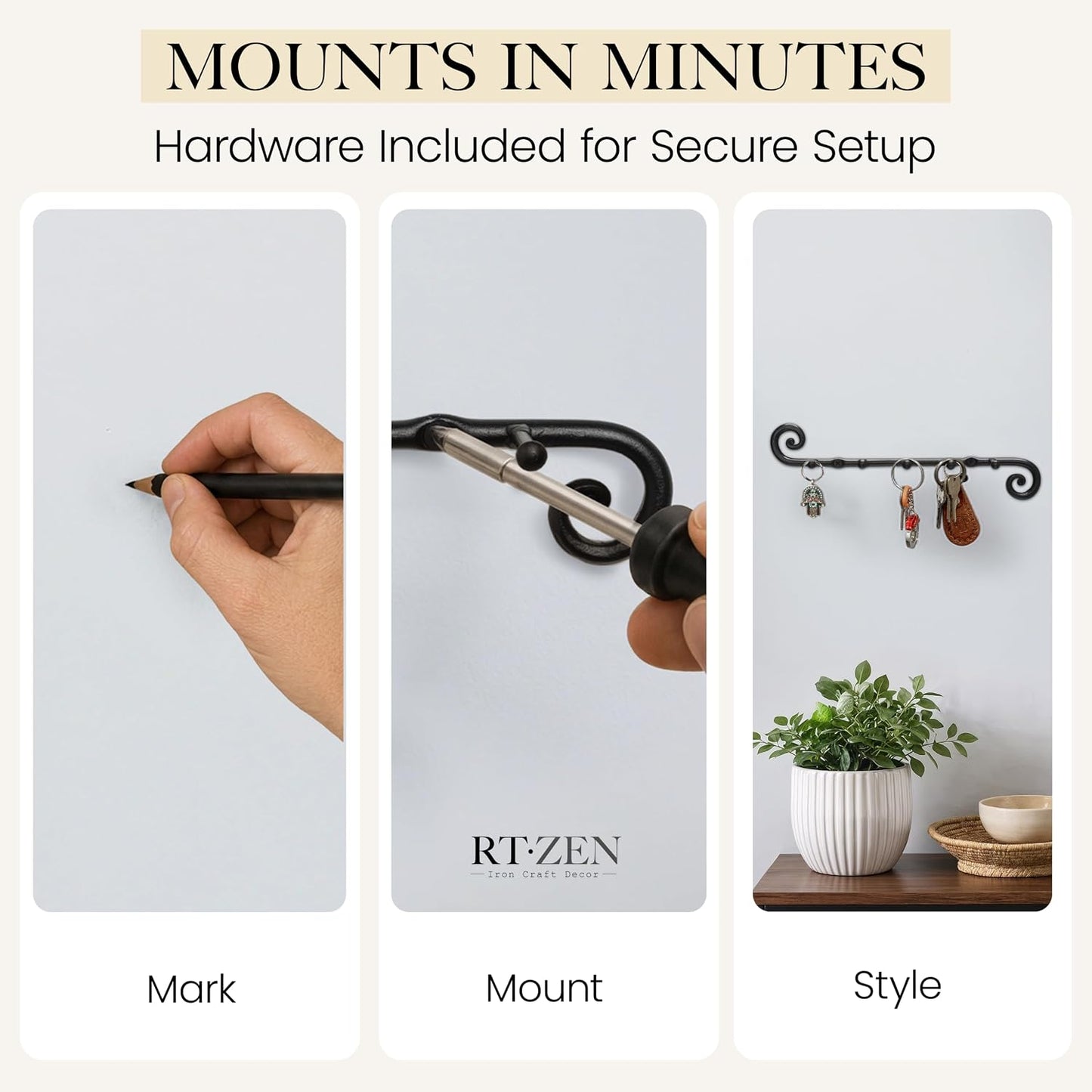 Farmhouse Small Key Holder for Wall, Wrought Iron Wall Mount Rack | Handcrafted Swirl Decorative, 5 Key Hooks for Home Entryway, Purse, Coat and Leash Holder or Organizer (Classic Black)