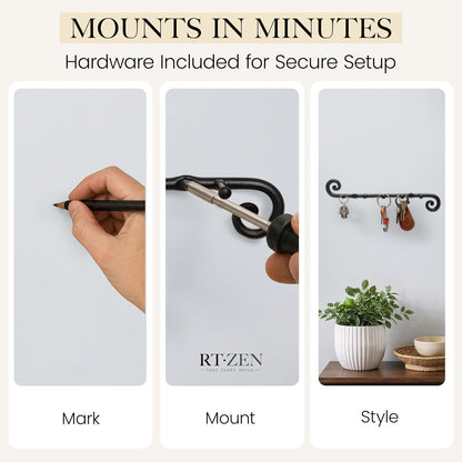 Farmhouse Small Key Holder for Wall, Wrought Iron Wall Mount Rack | Handcrafted Swirl Decorative, 5 Key Hooks for Home Entryway, Purse, Coat and Leash Holder or Organizer (Classic Black)