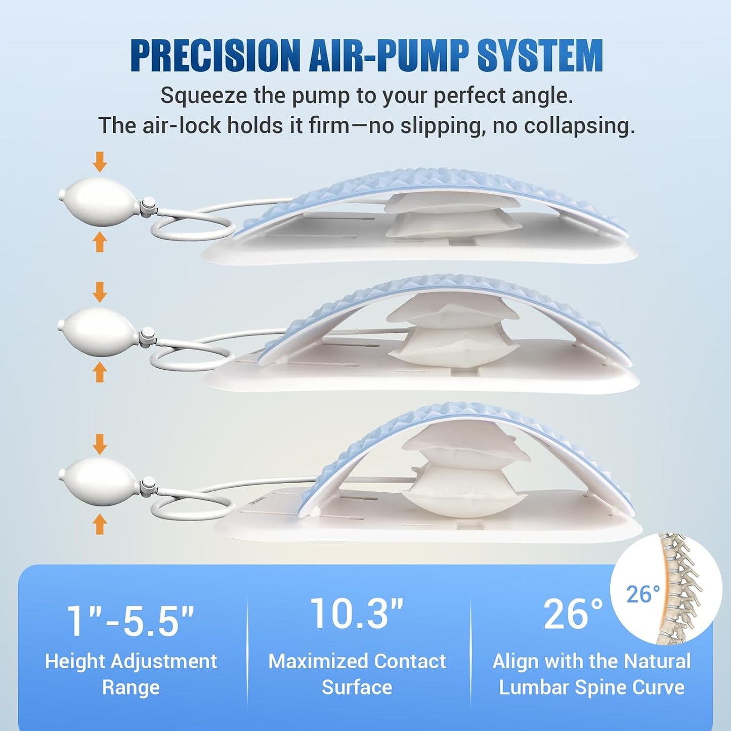 Back Stretcher for Back Pain, Adjustable Height & Soft Sponge Material | Lumbar Back Stretcher With Acupressure Points, Air Pump Adjustable Height, Spine Stretching Support, Scoliosis, Manual Includ