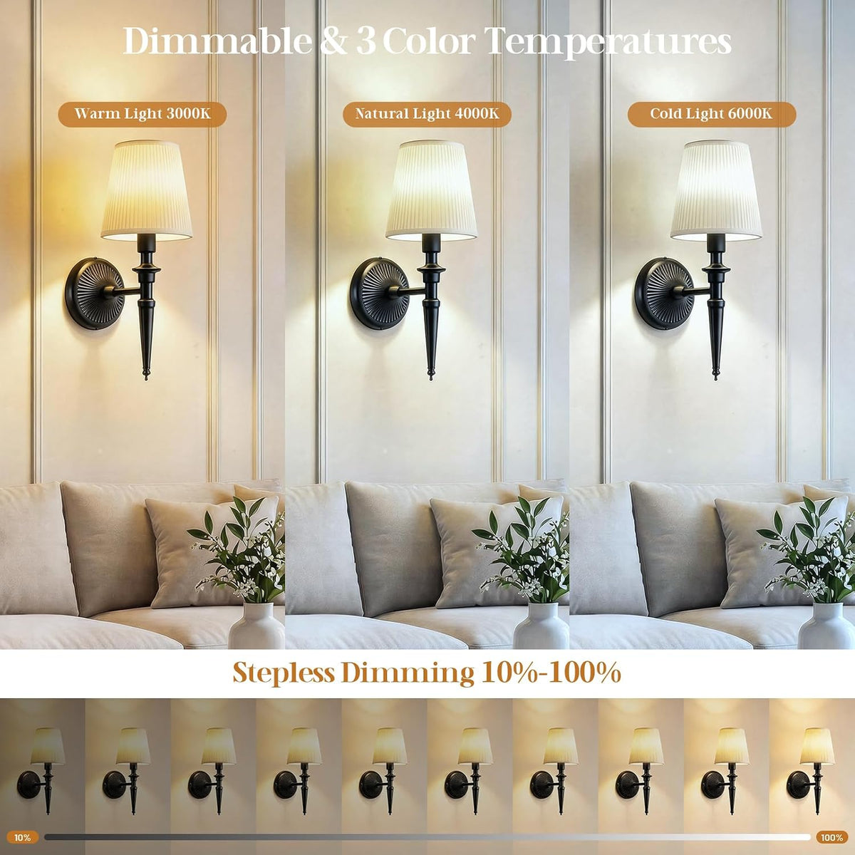 Battery Operated Wall Sconces Set of 2, Wireless Rechargeable Wall Lights with 12 RGB Colors and 3CCT Dimmable, Small Fabric LED Wall Lamps for Bedroom, Living Room, Hallway, Gold