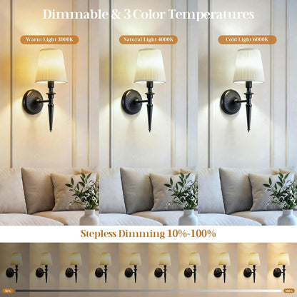 Battery Operated Wall Sconces Set of 2, Wireless Rechargeable Wall Lights with 12 RGB Colors and 3CCT Dimmable, Small Fabric LED Wall Lamps for Bedroom, Living Room, Hallway, Gold