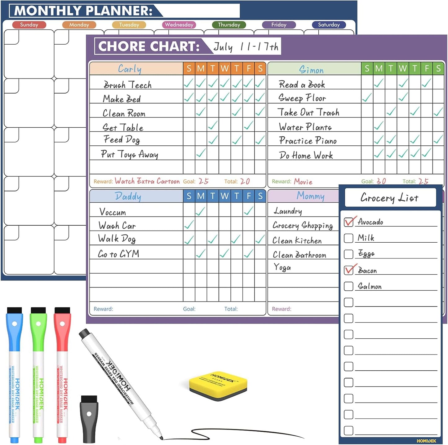 Magnetic Fridge Calendar Magnet, Dry Erase Whiteboard Calendar and Family Chore Chart for Adults with Magnetic List, Dry Erase Markers and Eraser - 14 x 11 Inches