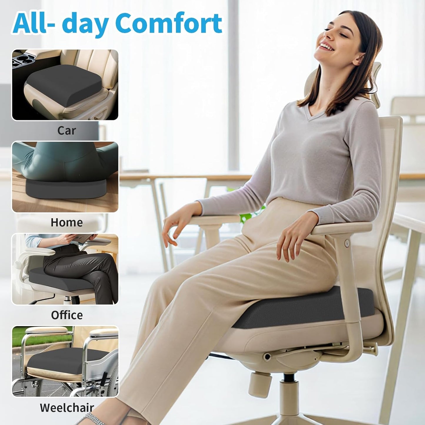 TranquilRelax Memory Foam Seat Cushion for Office Chair, 3-Inch, Black | Medium-firm Support for Long Sitting, Washable Mesh Cover, Non-slip Base, Perfect for Car Seats & Short Drivers