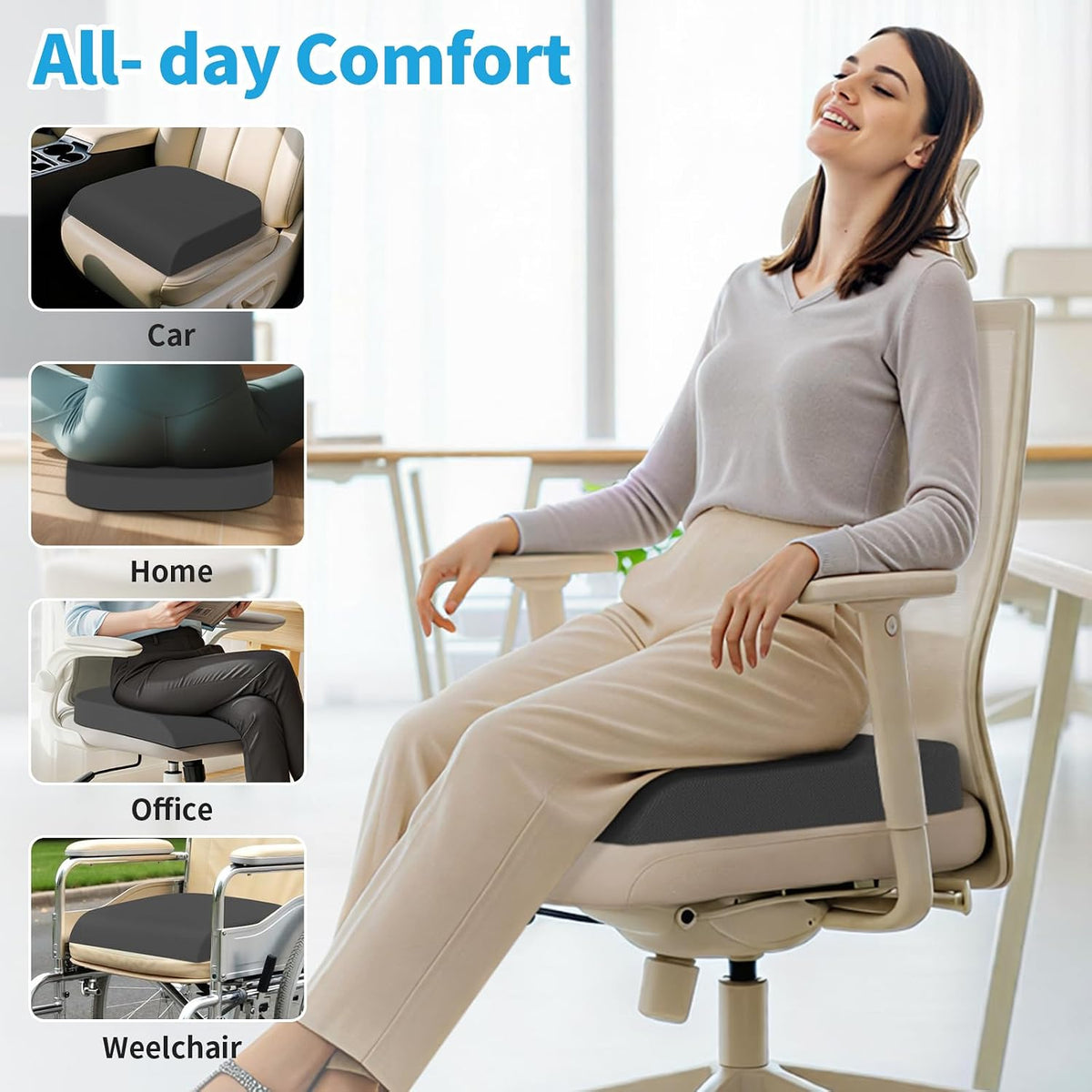 TranquilRelax Memory Foam Seat Cushion for Office Chair, 3-Inch, Black