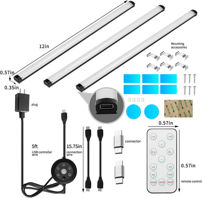THLIFURE LED Cabinet Lights Bar with Motion Sensor, Dimmable Brightness and Color, IR Remote, Ultra Thin Strips Lighting Magnetic Mounting for Kitchen,Bookshelf,Closet 3Pack