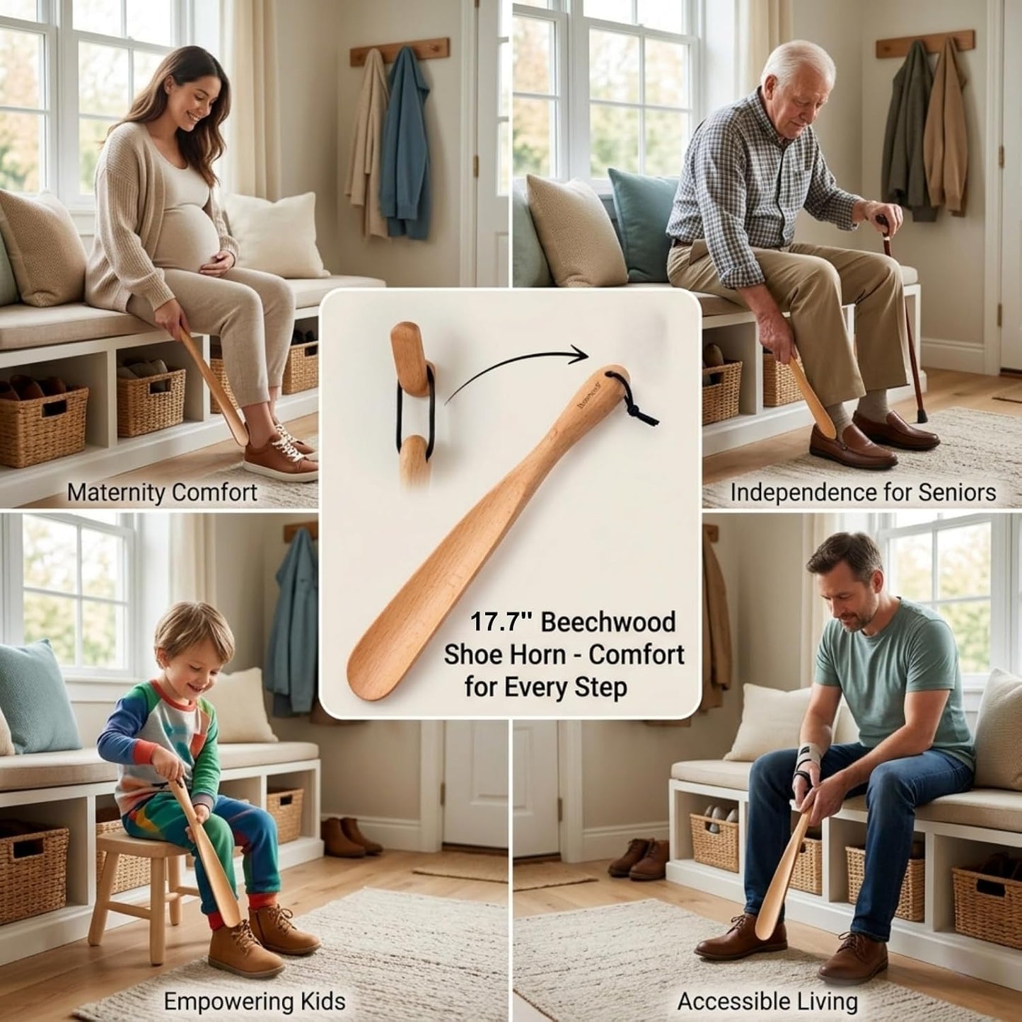 Bamber Wooden Shoe Horn Wood Shoehorn with Handle for Seniors Women Men Kids, 15'' Long, Black Walnut