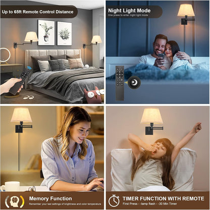 TRLIFE Wall Sconce Plug in, Dimmable Wall Sconces Set of Two Swing Arm Wall Lights with Plug in Cord and On/Off Dimmer Rotary Switch, 9.4" Medium Beige Fabric Shade(2 Pack, 2 Bulbs)