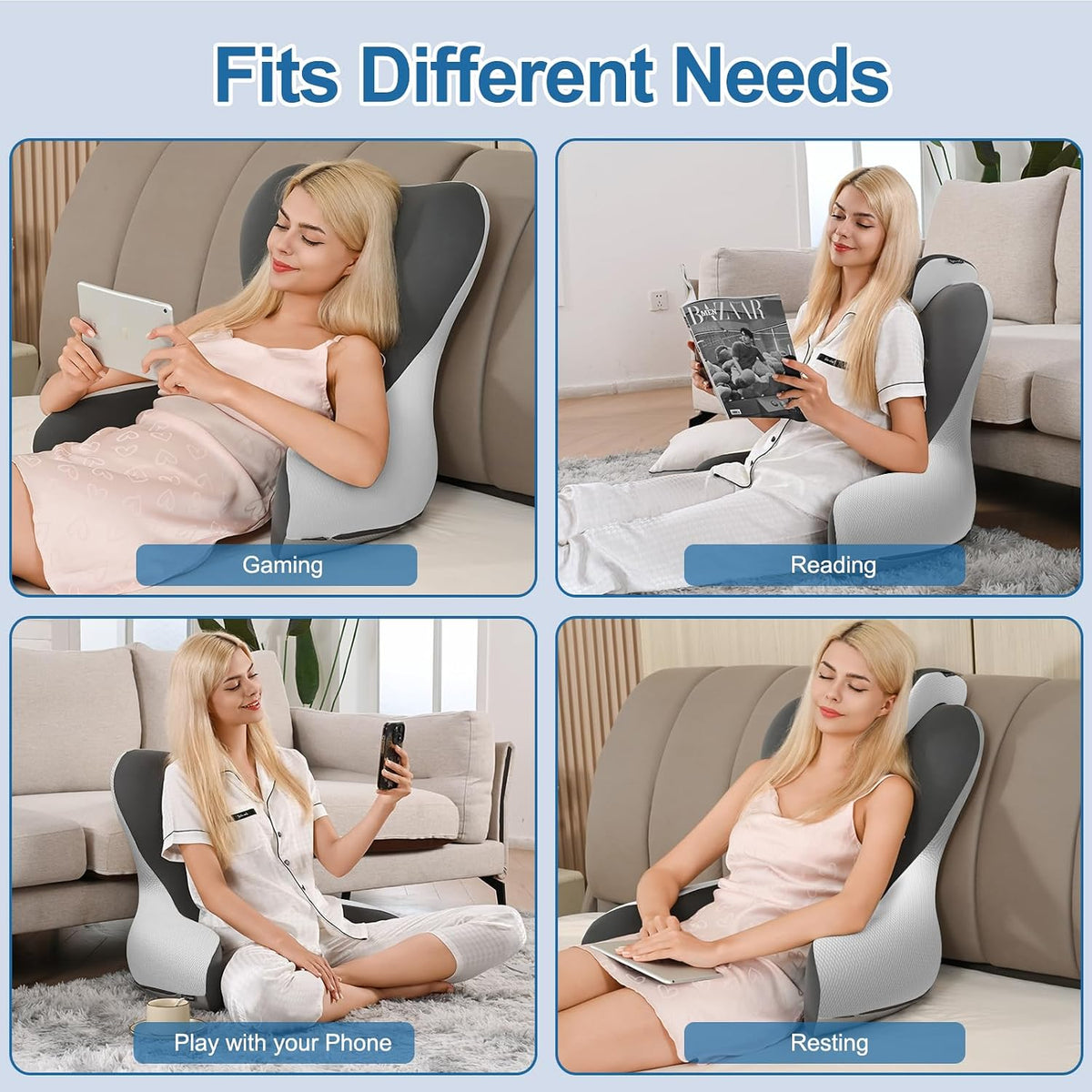 22" XL Reading Pillow Sitting in Bed,Back Support & Armrests(Grey & Blue)
