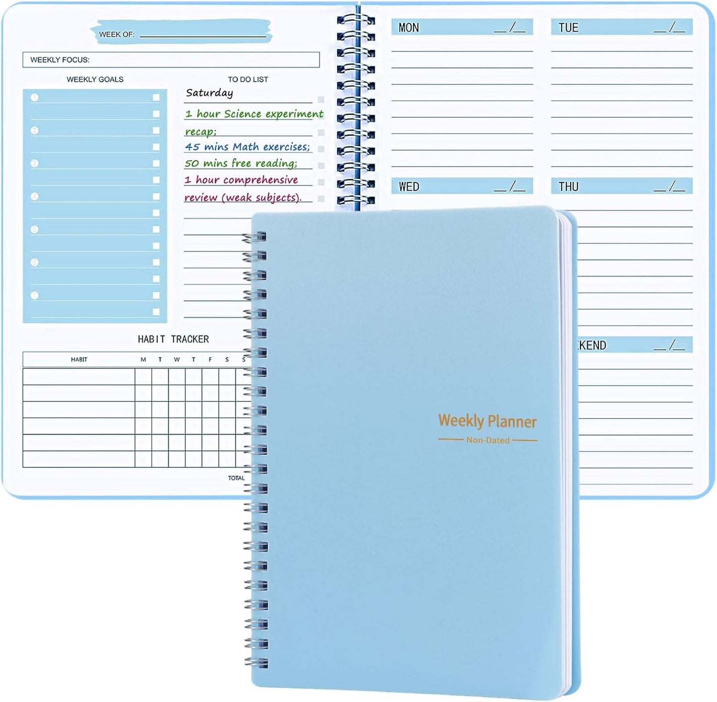 Undated Weekly Planner, A5 Personal Goals Journal Non Dated Weekly Planner to Do List Notebook with Goal Habit Tracker Organizer, Cute Undated Week Planners with Spiral Binding for Kids School Work