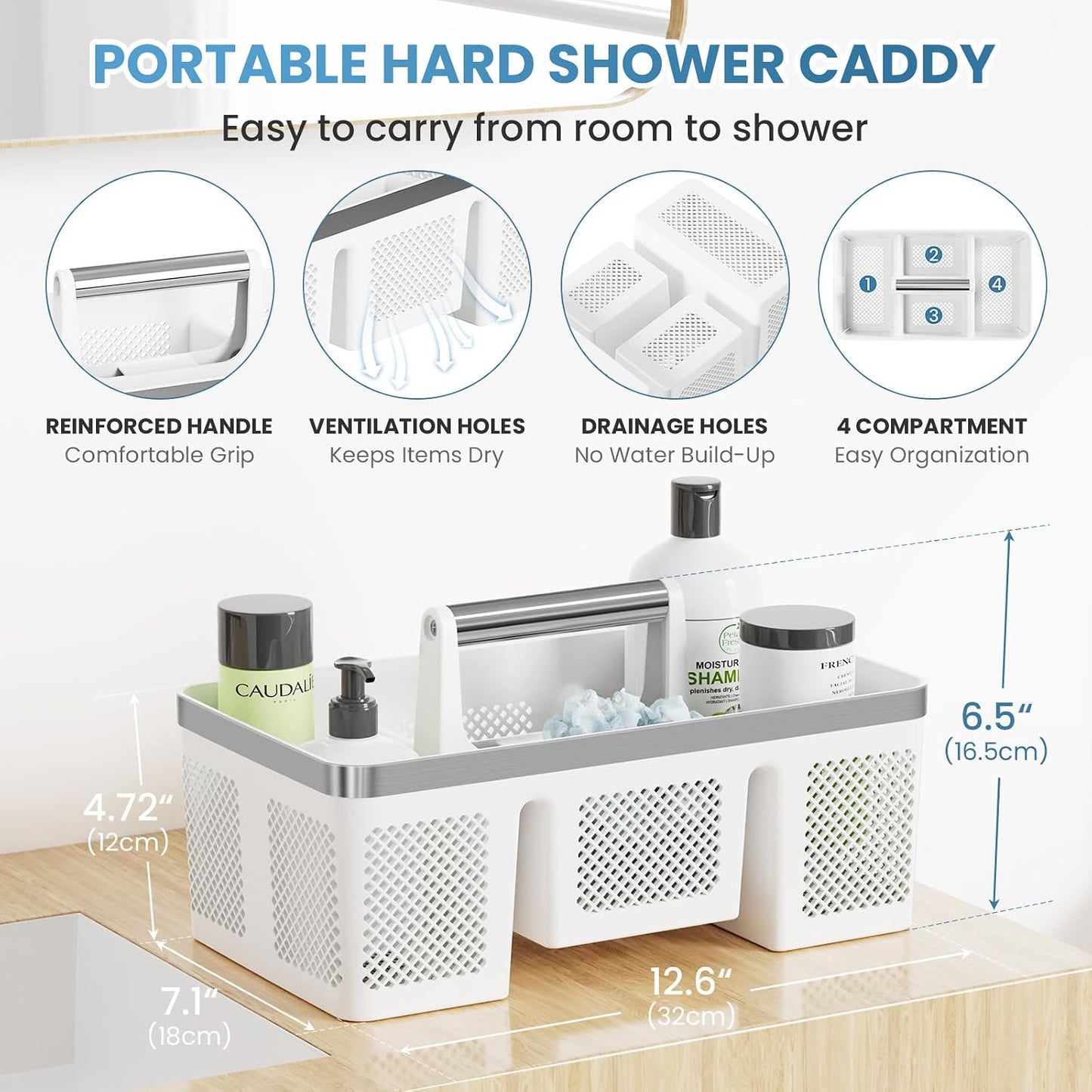BYUNER Portable Cleaning & Shower Caddy with Handle: Rigid Plastic Basket with 4 Divided Compartments, All-Side Drainage for College Dorm, Bathroom & Utility Use, Black/Gold