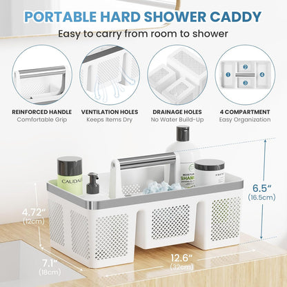 BYUNER Portable Cleaning & Shower Caddy with Handle: Rigid Plastic Basket with 4 Divided Compartments, All-Side Drainage for College Dorm, Bathroom & Utility Use, Black/Gold