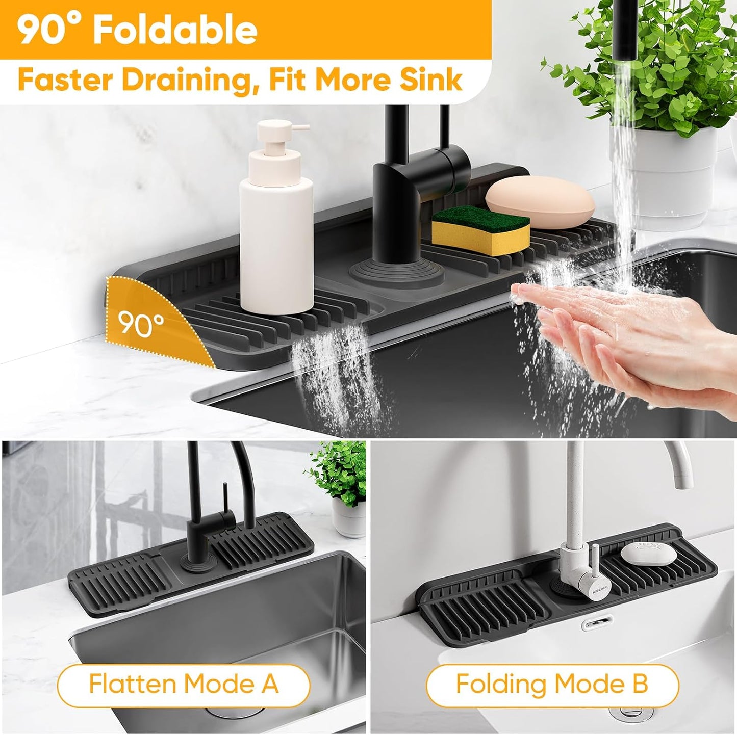 24'' Longer Faucet Mat for Kitchen Sink Splash Guard[7° Slope Fast Self-draining][Snap Lock Fit]Kitchen Sink Faucet Mat Splash Guard Kitchen Sink Area Water Splash Guard Behind Faucet Draining Mat