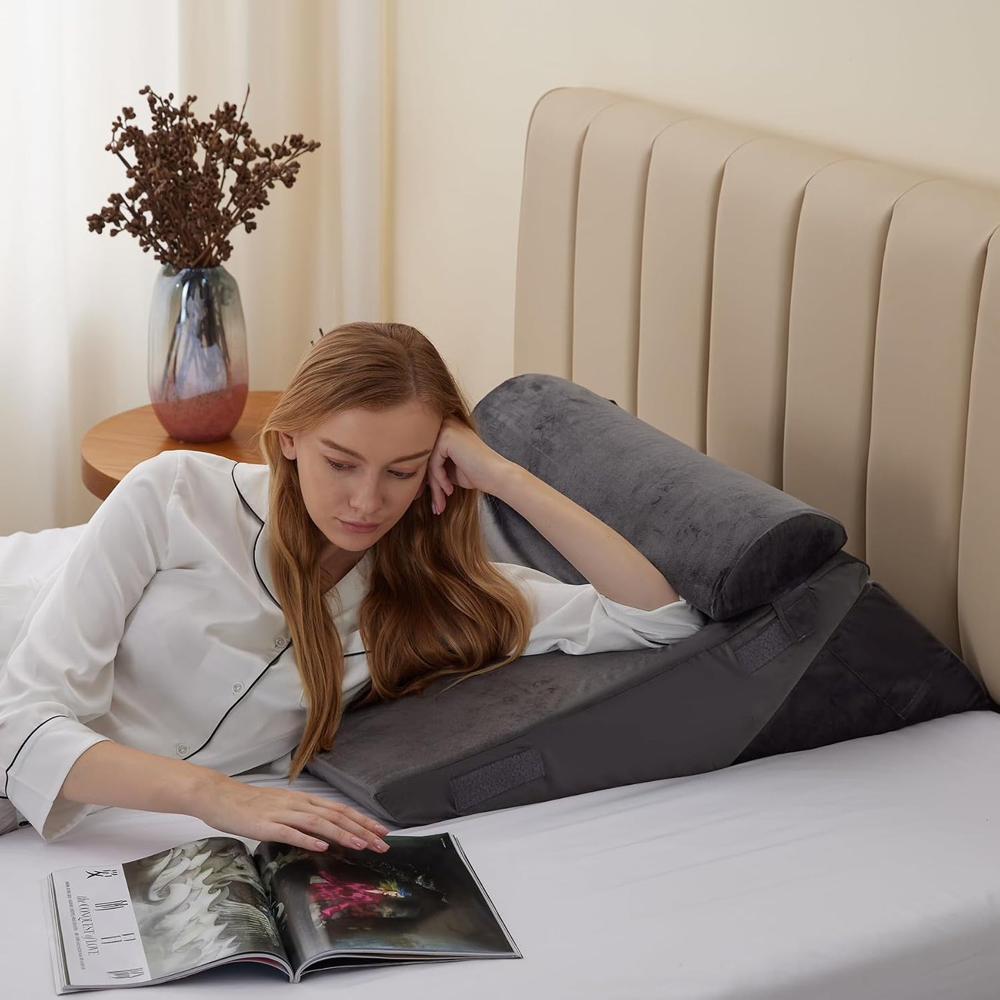 Bedluxe Wedge Pillow Headboard, 3PCS Orthopedic Bed Wedge Pillows Set for After Surgery, Adjustable Pillow Wedge for Acid Reflux&Back Pain Relief, Sleeping, Back Pillow for Bed Sitting Up, White/Grey