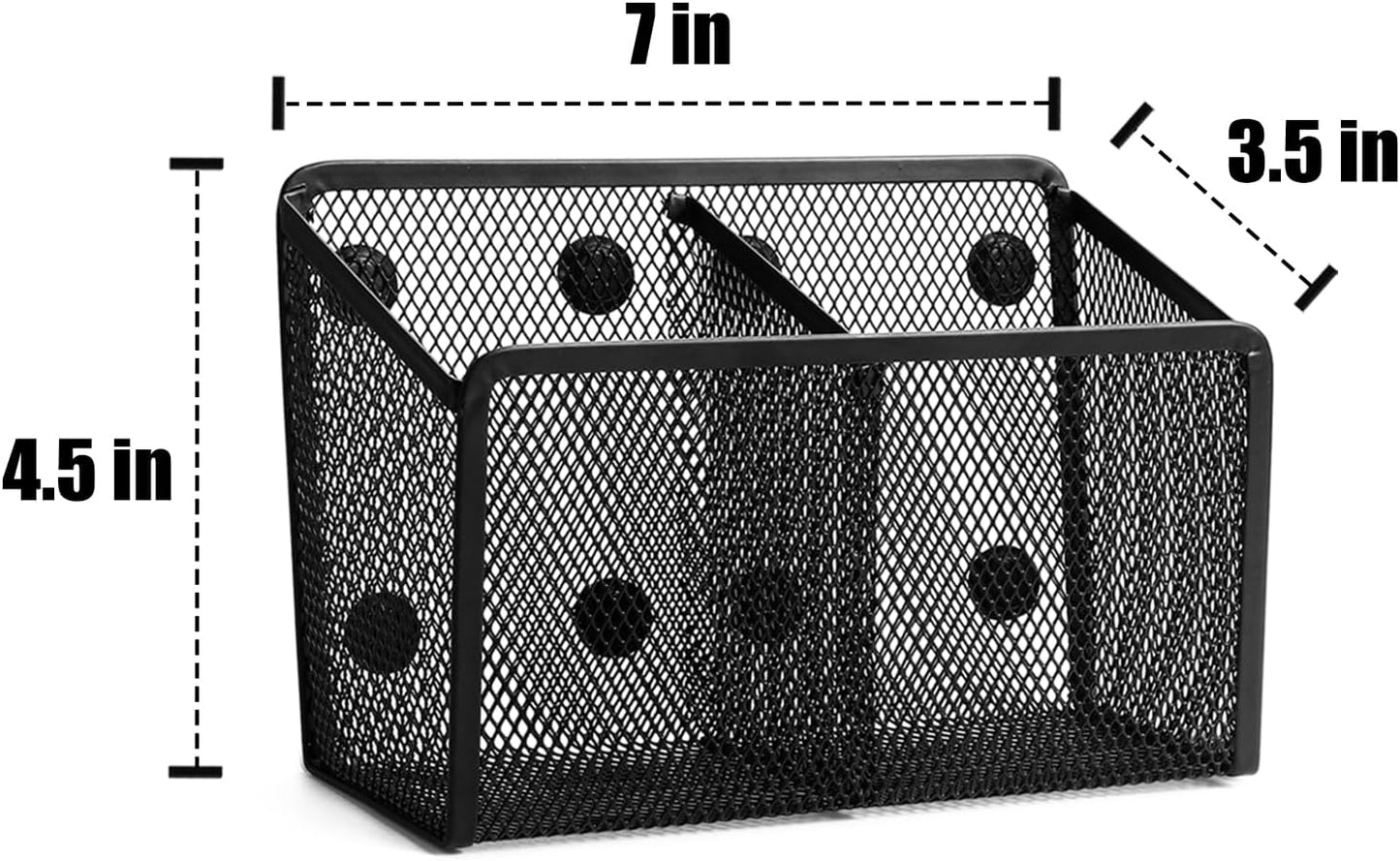 Magnetic Pencil Holder Whiteboard Pen Holder Locker Accessories (2-Slot*1) | Locker Organizer, Desk Organizer, Teacher Supplies, Mesh Basket, Strong Magnets, Black, For Fridge School Office Home