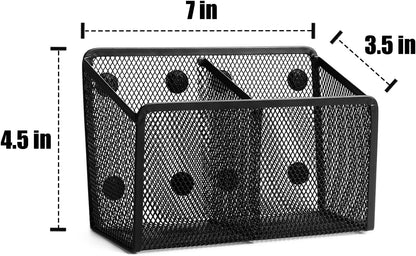 Magnetic Pencil Holder Whiteboard Pen Holder Locker Accessories (2-Slot*1) | Locker Organizer, Desk Organizer, Teacher Supplies, Mesh Basket, Strong Magnets, Black, For Fridge School Office Home