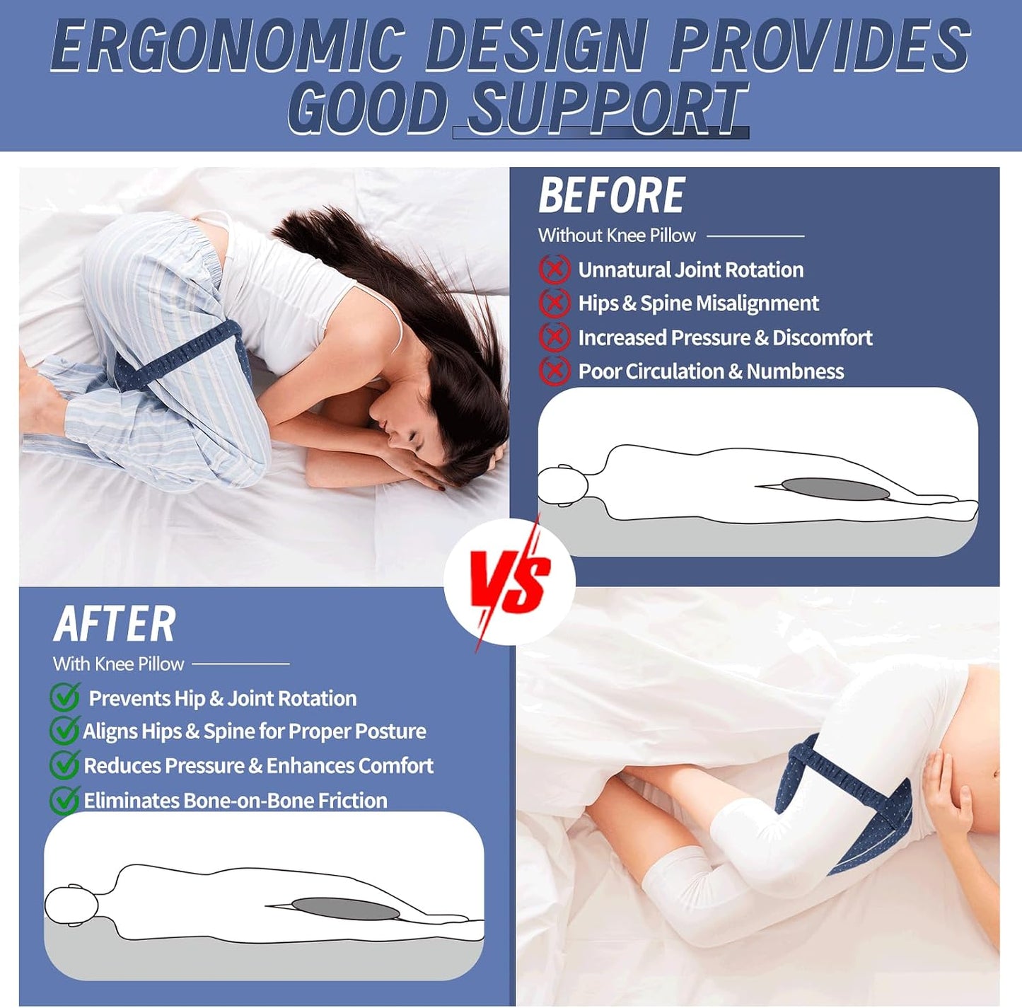 Knee Pillow for Side Sleepers, Memory Foam Leg Support with Adjustable Strap, Breathable Hollow Design for Hip and Back Comfort, Blue