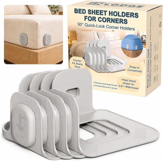 Bed Sheet Holders for Corners, 90° Quick-Lock Fitted Sheet Holder, 4-Pack | Fits 3.8-16 in. mattresses; Adjustable-base friendly; Clear corner access; One-person install; ABS, no metal teeth