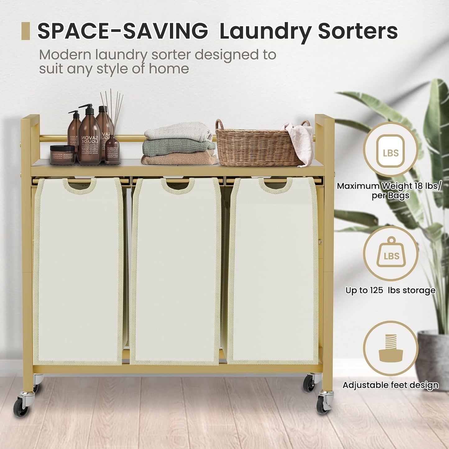 SwaaVee Laundry Sorter, Laundry Hamper 3 Section, 3×11.4Gal, Metal Frame Rolling Laundry Basket with Wooden Top Shelf, Pull out and Removable Laundry Bags, 3 Bags-Black