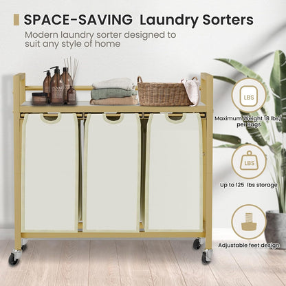 SwaaVee Laundry Sorter, Laundry Hamper 3 Section, 3×11.4Gal, Metal Frame Rolling Laundry Basket with Wooden Top Shelf, Pull out and Removable Laundry Bags, 3 Bags-Black