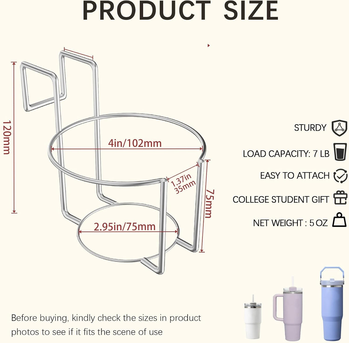 Cup Holder for Bed (Diameter: 3.3IN) Drink Holder Water Bottle/Glass Organizer for Wood Dorm Room Bunk Bed Crib, Metal Toddle Bed,Loft Bedside, Headbed, Car,Office Desk Partition