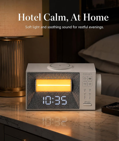 Sound Machine Alarm Clock with Wireless Charger for Bedroom, Hotel | Dual Alarm Clock with Snooze, White Noise Machine for Sleep with 20 Soothing Sound, Gentle Sunrise Wake Up Light, Night Light