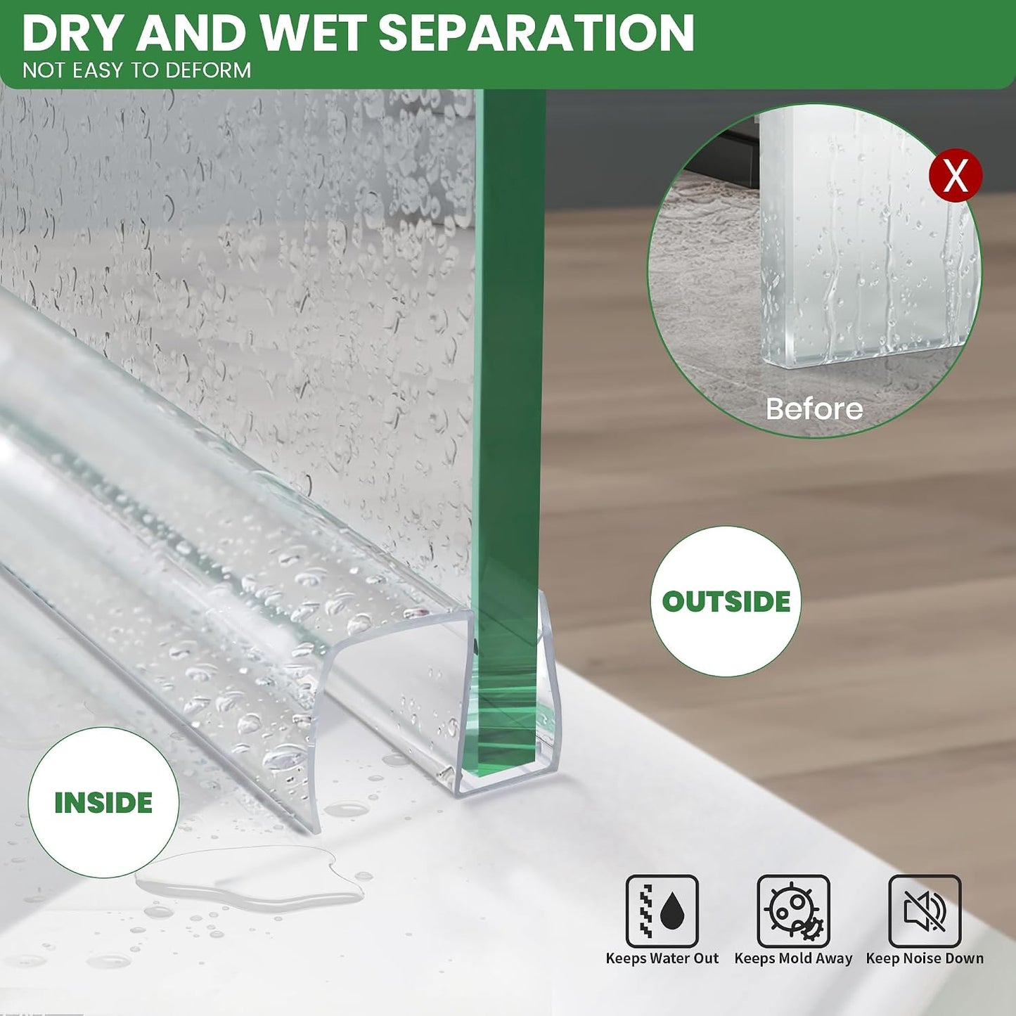 Bathroom Shower Glass Door Bottom Seal Strips, Length 36 Inch 2PCS Transparent PVC Door Bottom Seall Strips for 3/8" (10MM) Thick Framless Glass Panel