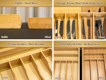 Large Expandable Kitchen Silverware Utensils Drawer Organizer, 2.5" Extra High Adjustable Drawer Divider with Curved Grooves, Bamboo Wood Cutlery Tray Flatware Holder