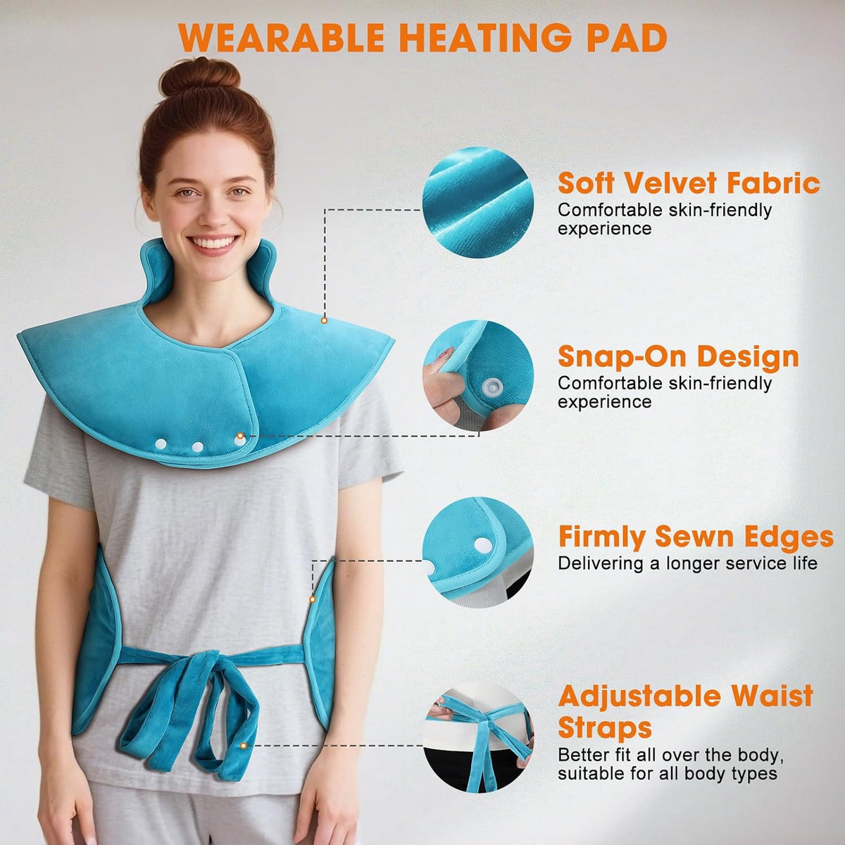 Tovve Heating Pad for Back Neck Shoulders, Large Wearable Relax Muscles, Birthday Gifts for Women Men Mom Dad Elderly, 3 Heat Settings/2-Hour Safe Auto-Off, 24"×37" Ergonomic Fit Design-Blue