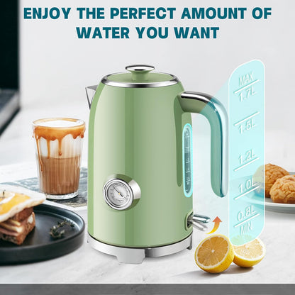 SUSTEAS 57oz Electric Kettle with Thermometer, Hot Water Pot, Retro Green | Electric Tea Kettle for Boiling Water, 1500W Stainless Steel Pot, Cordless LED Indicator, Auto Shut-Off & Boil Dry Protection