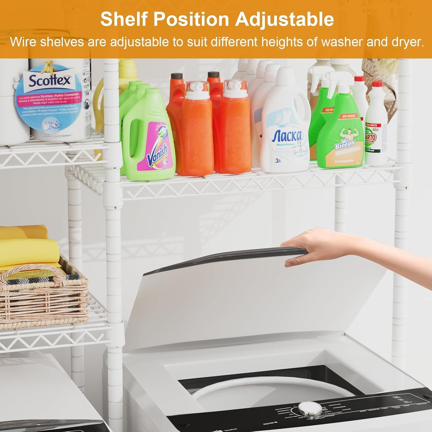 U15 Over Washer and Dryer Storage Shelves, Laundry Room Metal Rack | 6-Tier Shelf Space Saver Holds 568lbs, Above Washer Dryer Storage Rack for Organization, 63.4"W x 17.3"D x 76.4"H, Black