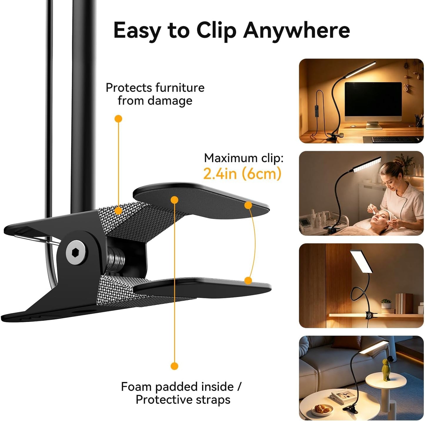 Clip on Desk Lamp, 5W LED Reading Light, 400 Lumens Book Light, 3 Color Modes 6 Brightness Levels, USB Powered Adjustable Neck Lamp for Desk, Bedside, Study, Office