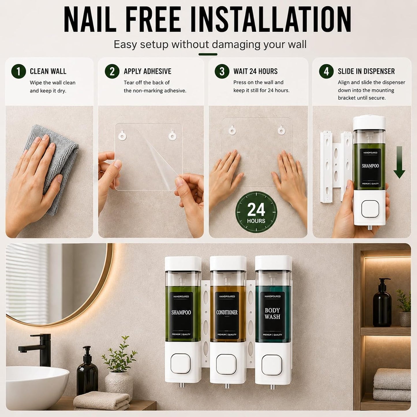 Shampoo and Conditioner Dispenser, Shower Soap Dispenser Wall Mounted, Shower Dispenser 3 Chamber No Drill for Bathroom Large Capacity (Silver)