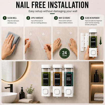 Shampoo and Conditioner Dispenser, Shower Soap Dispenser Wall Mounted, Shower Dispenser 3 Chamber No Drill for Bathroom Large Capacity (Silver)