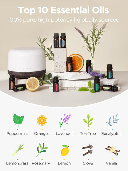 InnoGear Aromatherapy Diffuser & 10 Essential Oils Set, 500ml Essential Oil Diffuser with Remote Control Mother's Gift Ultrasonic Cool Mist Scent Humidifier Vaporizer Auto-Off Timer for Home, Yellow