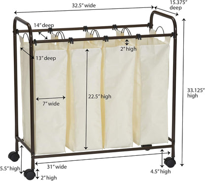 Household Essentials 7173 Rolling Quad Laundry Sorter with Removable Hamper Bags | Antique Bronze Frame