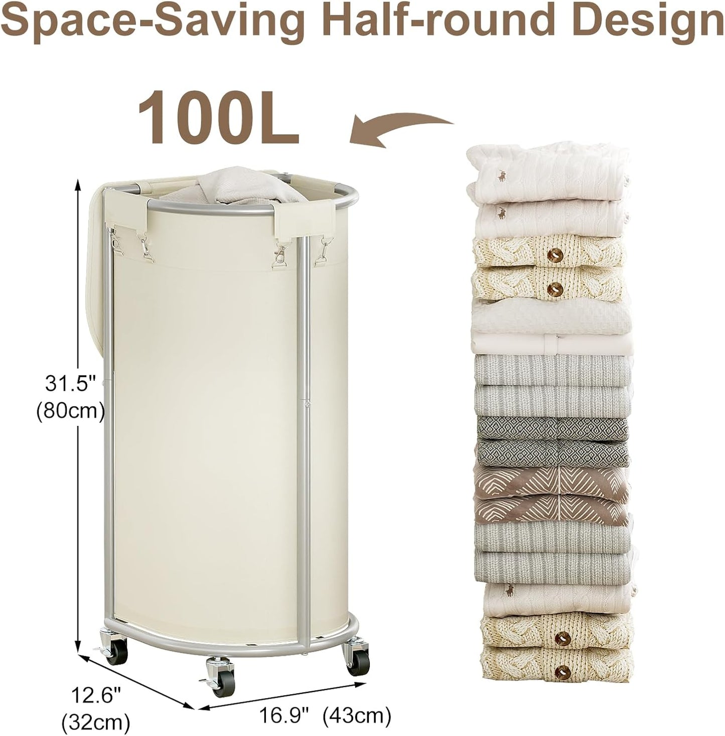 Laundry Hamper with Wheels and Lid, 100L Half Round Rolling Laundry Basket | Gasvadivum Sturdy Metal Frame Laundry Cart with Removable Bag, Dirty Clothes sorter Organizer for Bathroom, Bedroom, Black