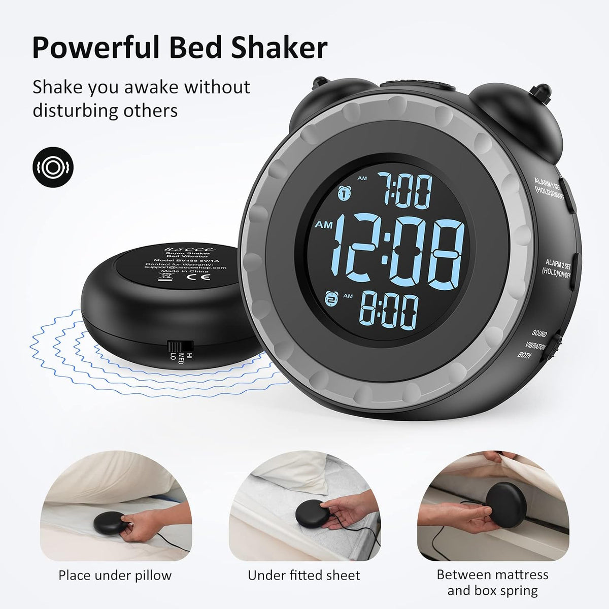 uscce Loud Dual Alarm Clock with Powerful Adjustable Bed Shaker