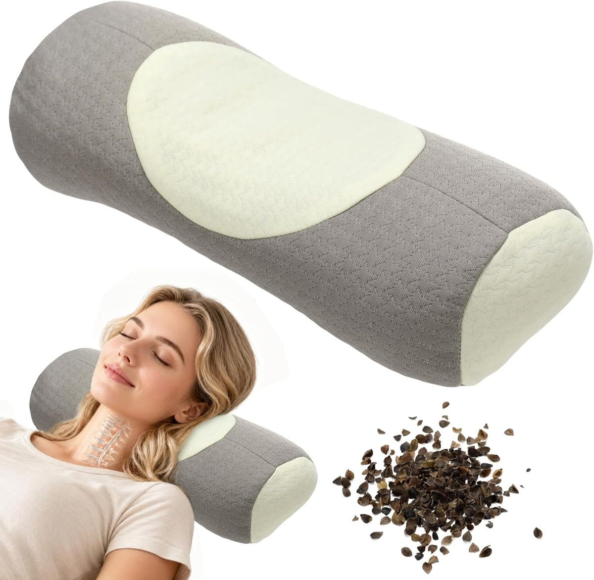 Buckwheat Neck Pillow Cervical Roll, Adjustable Support Pillow for Sleeping, Ergonomic Bolster Roll for Side and Back Sleepers, Neck Alignment Support with Zipper Cover