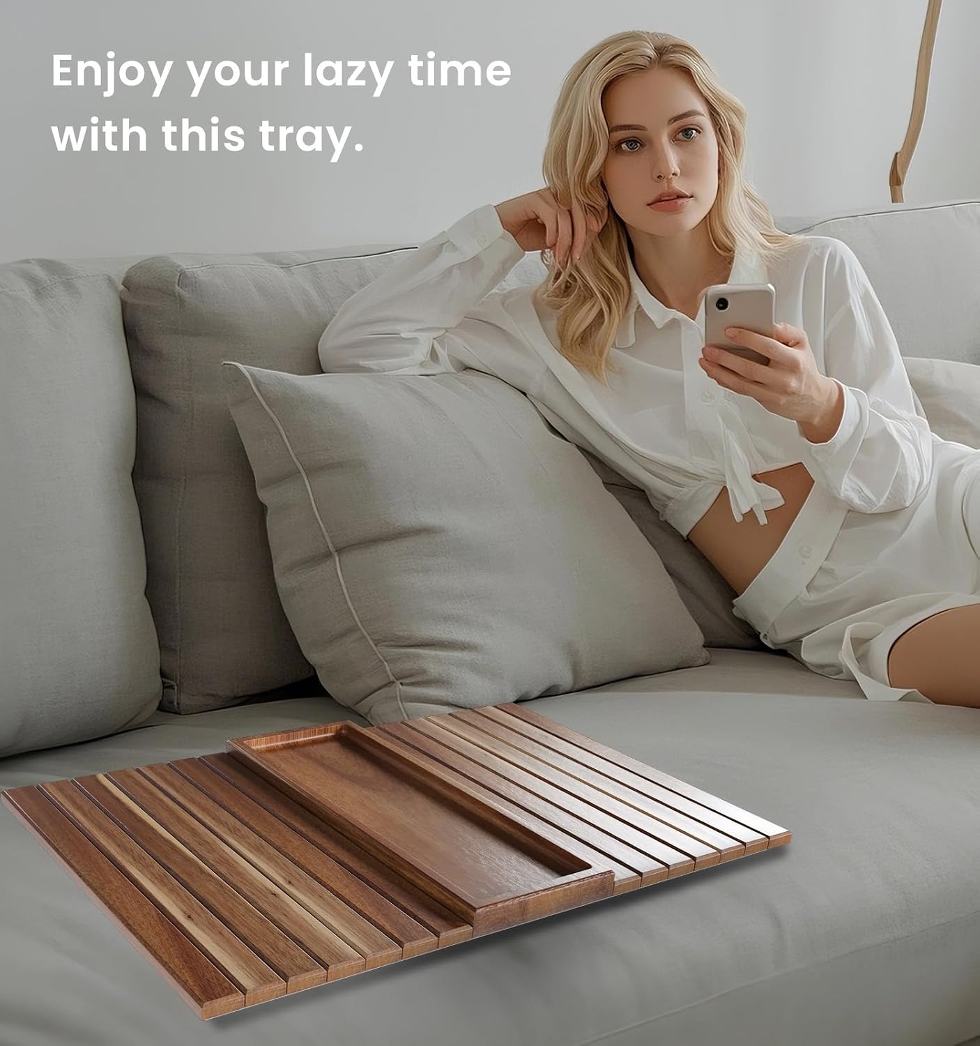 2 Pack Acacia Wood Folding Sofa Arm Tray with Anti-Slip Pad | Couch Armrest Tray,Foldable,for Drinks,Snacks,Phone,Remote Control,Space Saving Storage, No Assembly,Gift box