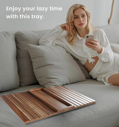 2 Pack Acacia Wood Folding Sofa Arm Tray with Anti-Slip Pad | Couch Armrest Tray,Foldable,for Drinks,Snacks,Phone,Remote Control,Space Saving Storage, No Assembly,Gift box