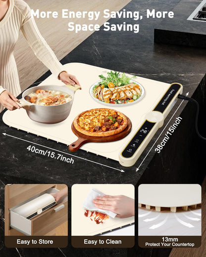 Food Warming Mats for Countertop - Warming Trays for Buffets Party, Silicone Electric Warmer with 7 Level Temp Adjustable / 4H Auto Timer, Hot Fast in 8s, Roll Up Heating Pad for Home Travel (Blue)