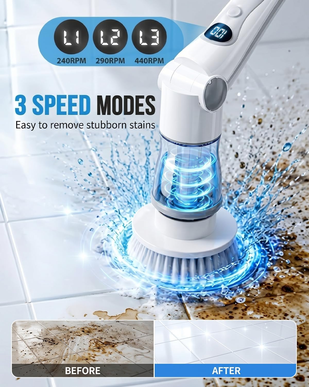 Electric Spin Scrubber, Cordless Shower Scrubber with 8 Replaceable Brush Heads, Adjustable Long Handle Bathroom Scrubber, 3 Speeds LED Display, IPX7 Waterproof Cleaning Brush for Bathtub Tile Floor